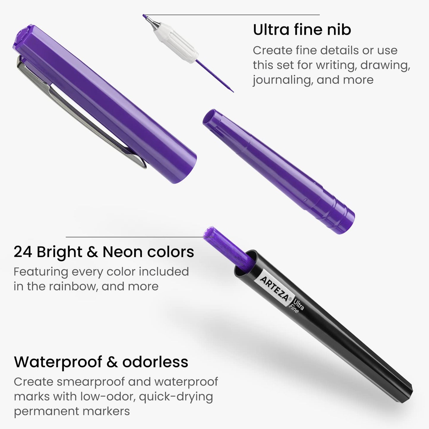 Arteza Permanent Markers, Bright & Neon, Ultra Fine Tip - Set of 24