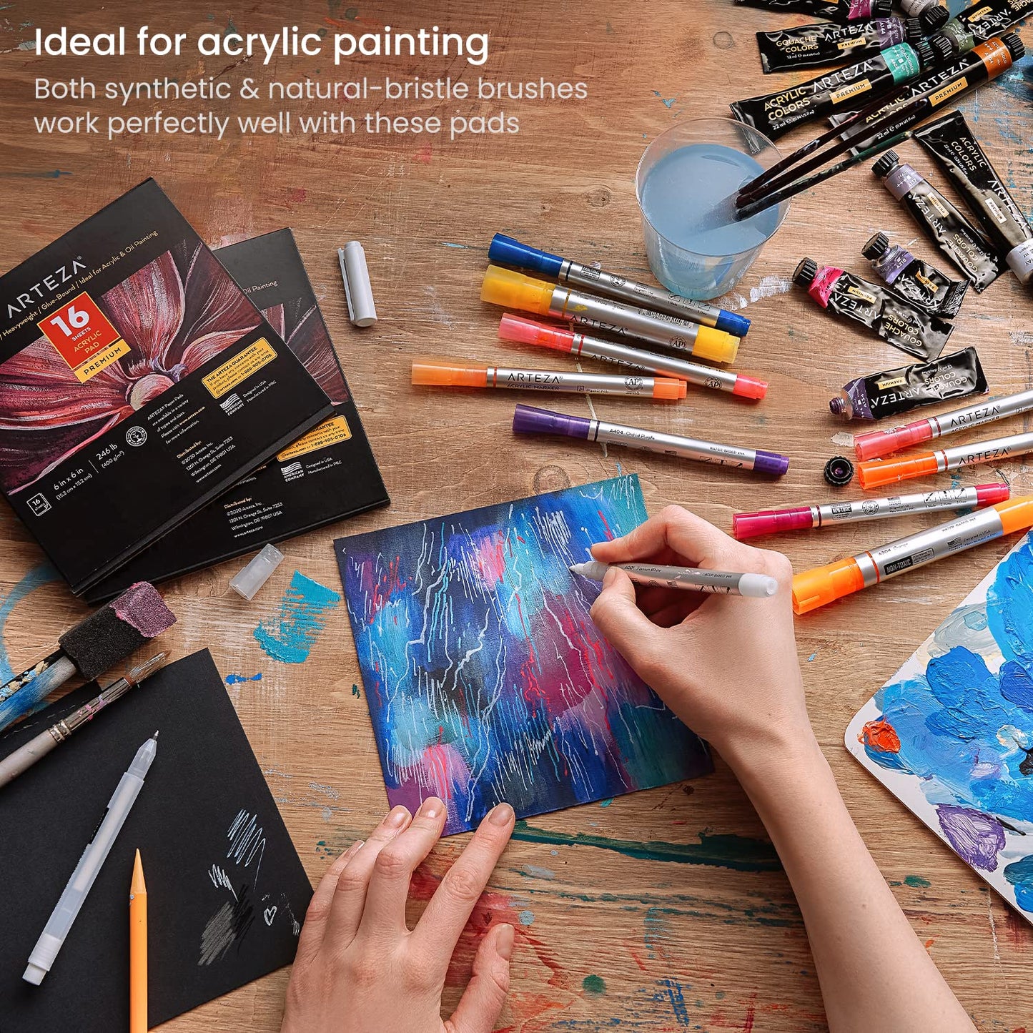 Arteza Acrylic Pad, Black, 6" x 6", 16 Sheets- Pack of 2