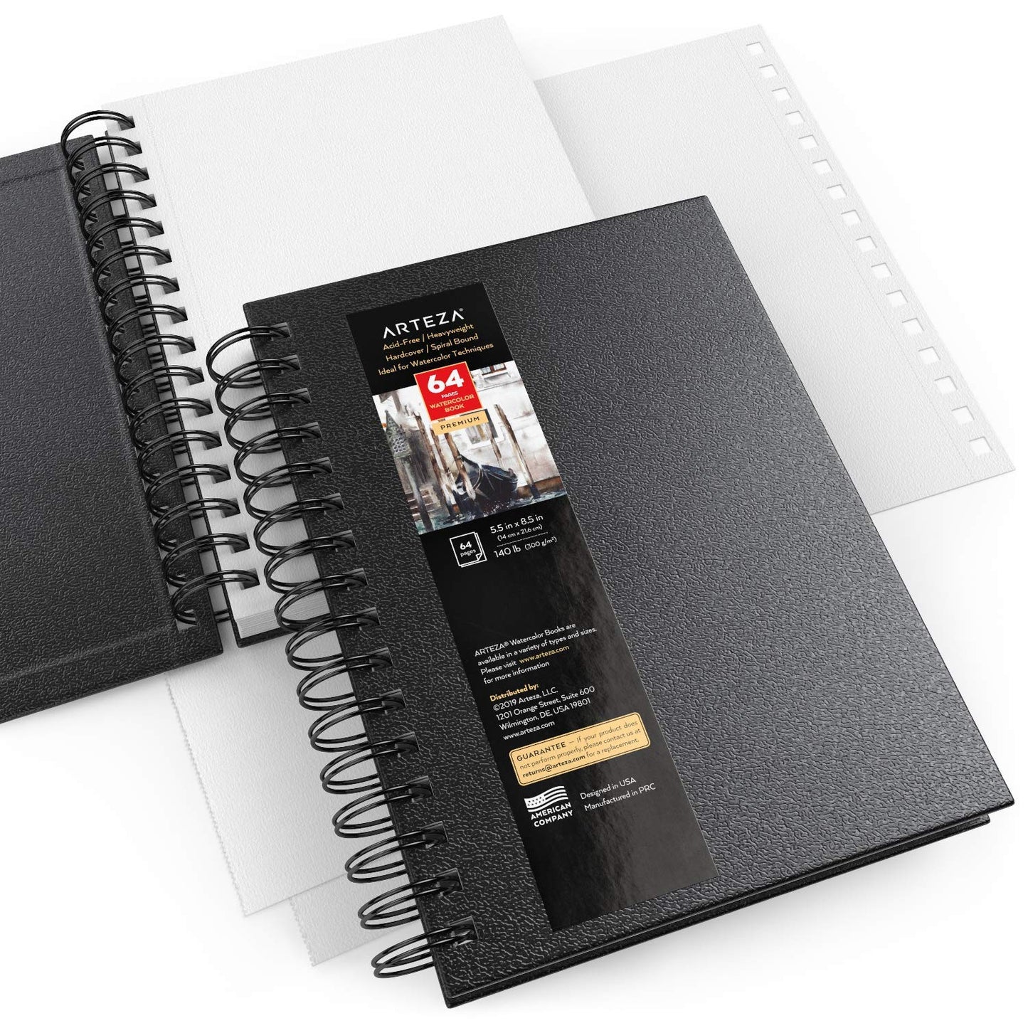 Arteza Watercolor Book, Spiral-Bound Black Hardcover, 5.5" x 8.5", 64 Pages - Pack of 3