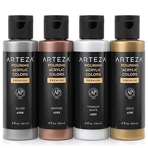 Arteza Pouring Acrylic Paint, Metallic, 4oz Bottles - Set of 4