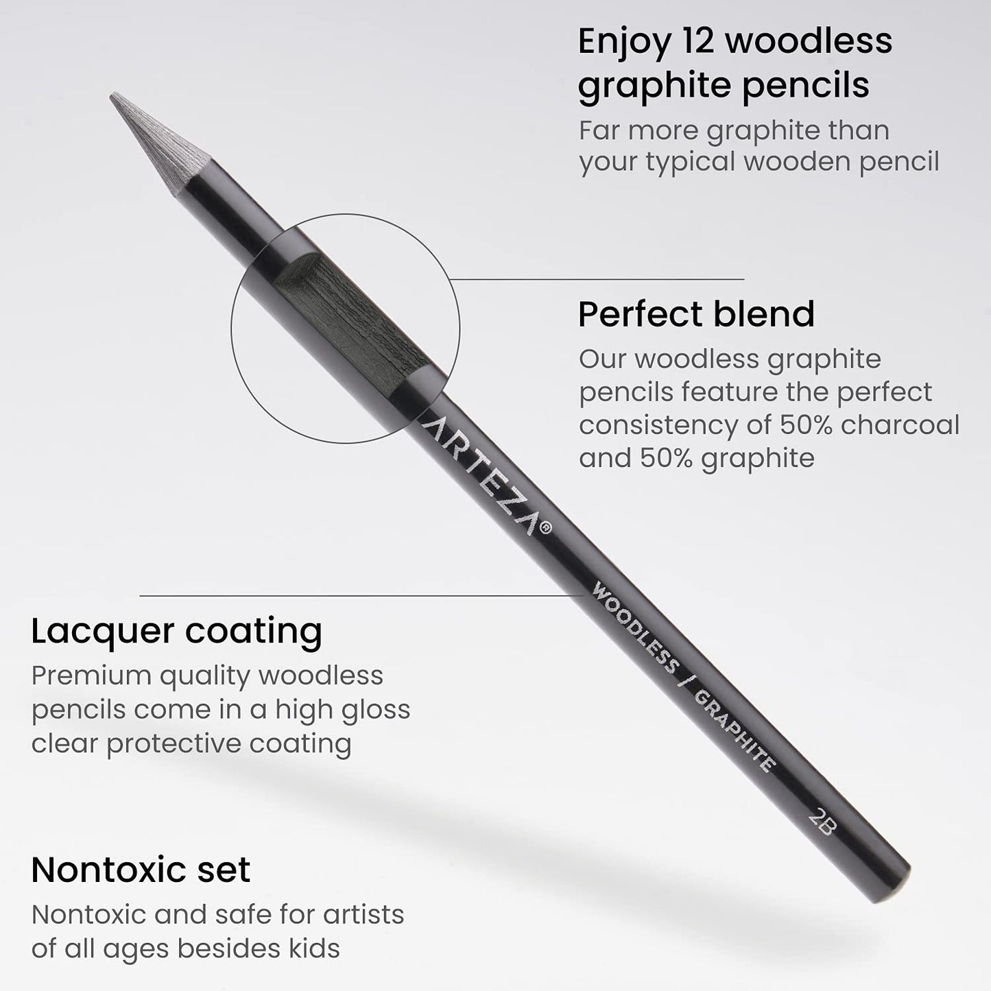 Arteza Woodless Graphite Pencils, Assorted Sizes - Set of 12
