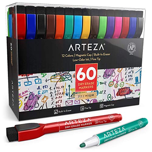Arteza Dry Erase Markers with Magnetic Eraser Caps, Fine Tip - Set of 60