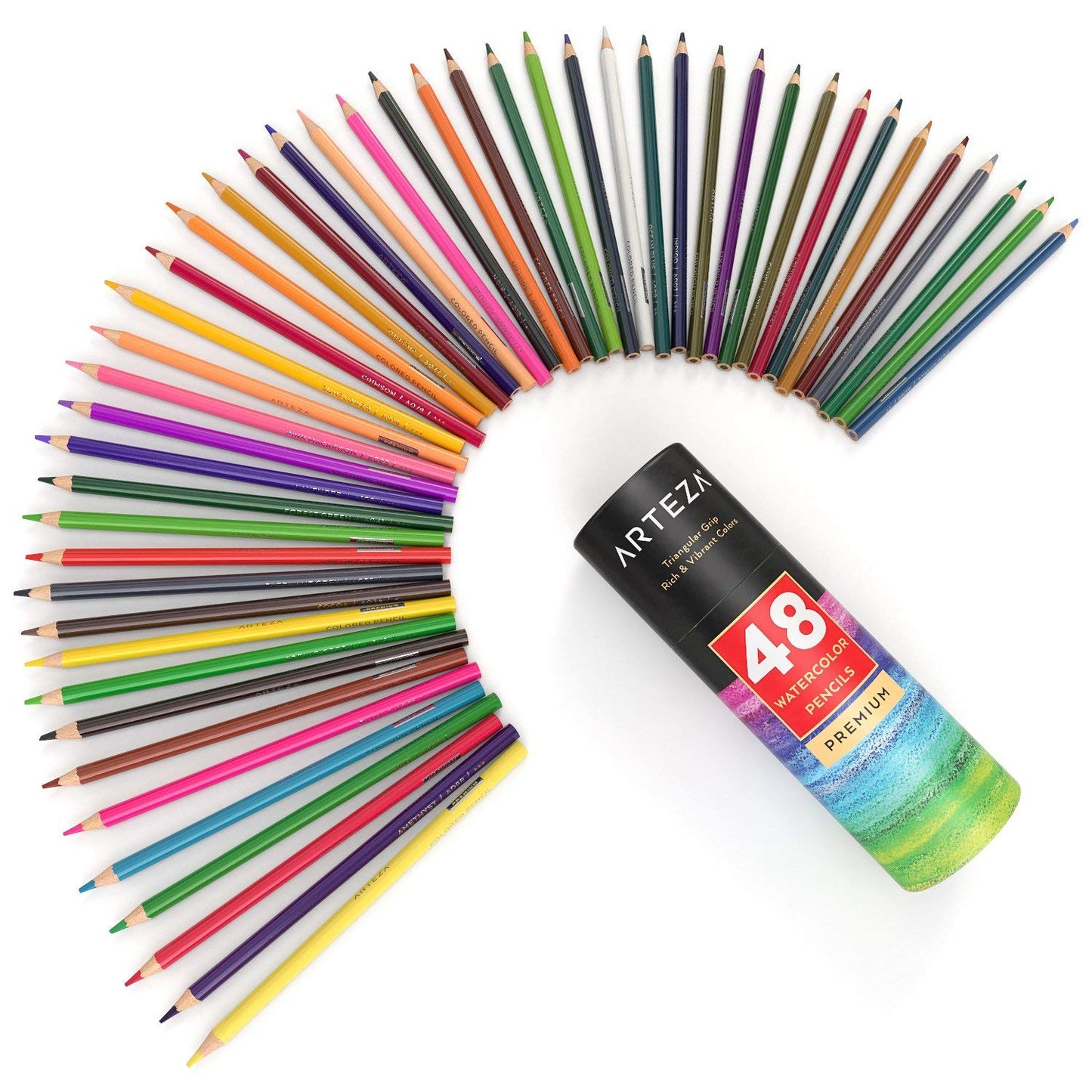 Arteza Watercolor Pencils, Triangle Shaped - Set of 48