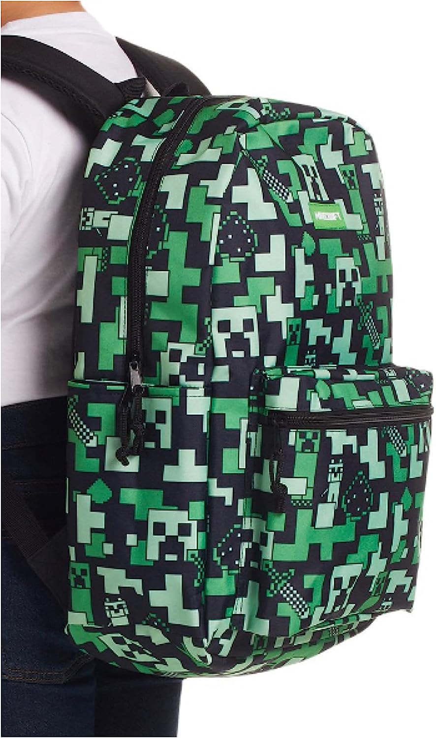 Minecraft Kids Teen School Backpack 16” Creeper Print Black Rucksack w/ Zipper