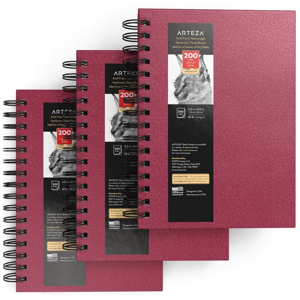 Arteza Sketchbook, Spiral-Bound Hardcover, Pink, 5.5" x 8.5", 100 sheets - Pack of 3