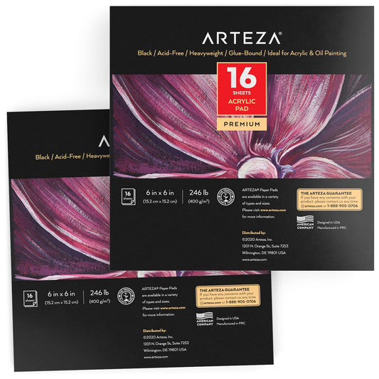 Arteza Acrylic Pad, Black, 6" x 6", 16 Sheets- Pack of 2