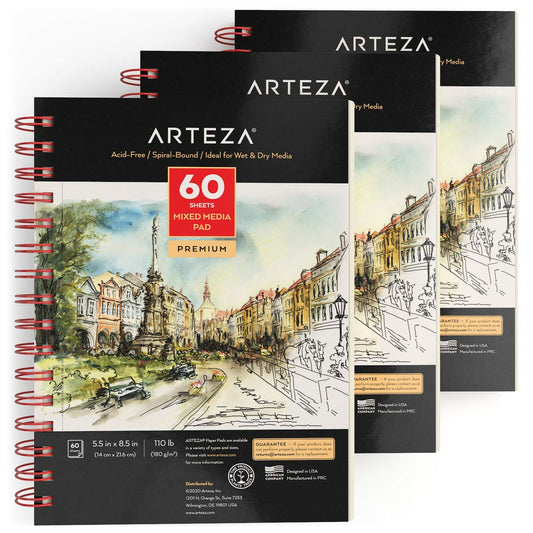 Arteza Mixed Media Pad, 5.5" x 8.5", 60 Sheets - Pack of 3