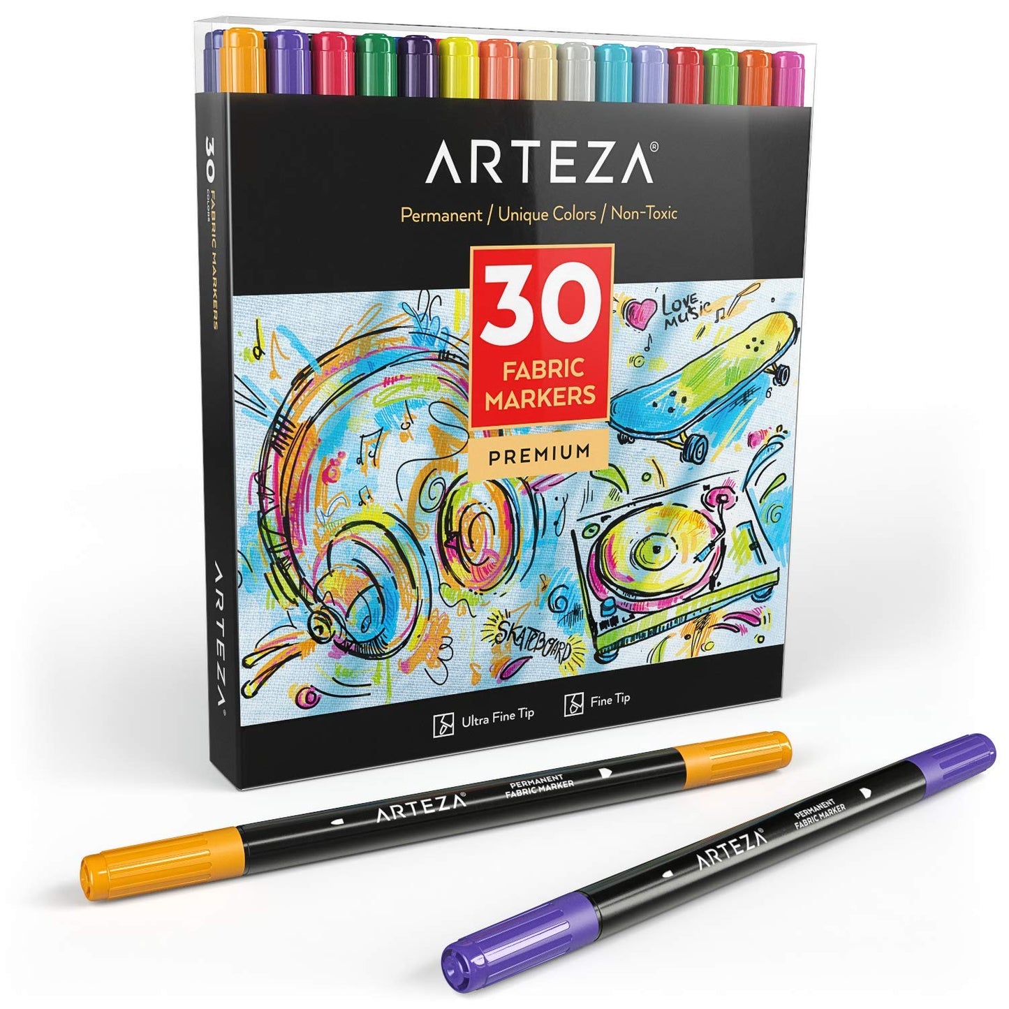 Arteza Fabric Markers, Fine & Ultra Fine Dual-Tip - Set of 30