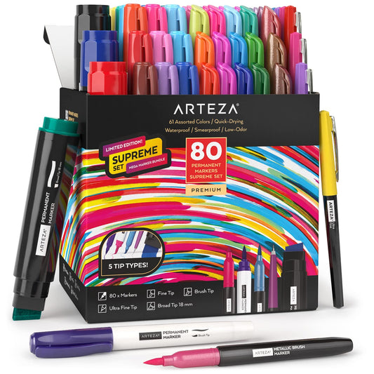 Arteza Permanent Markers Ultimate Supreme Set, Assorted - 80 Pieces