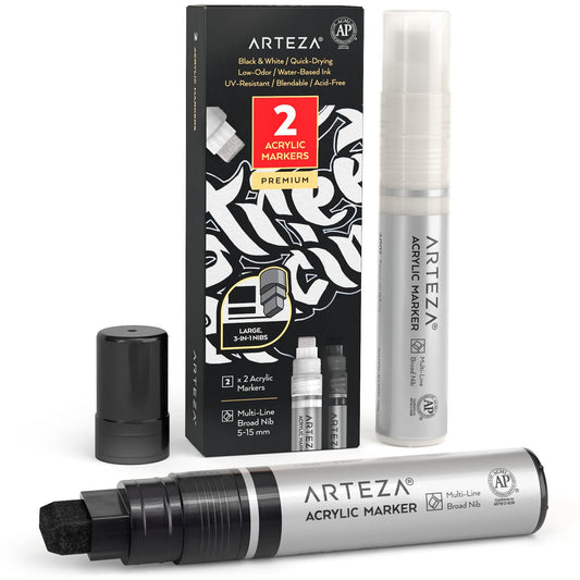 Arteza Acrylic Markers, White & Black, Broad Nib - Set of 2