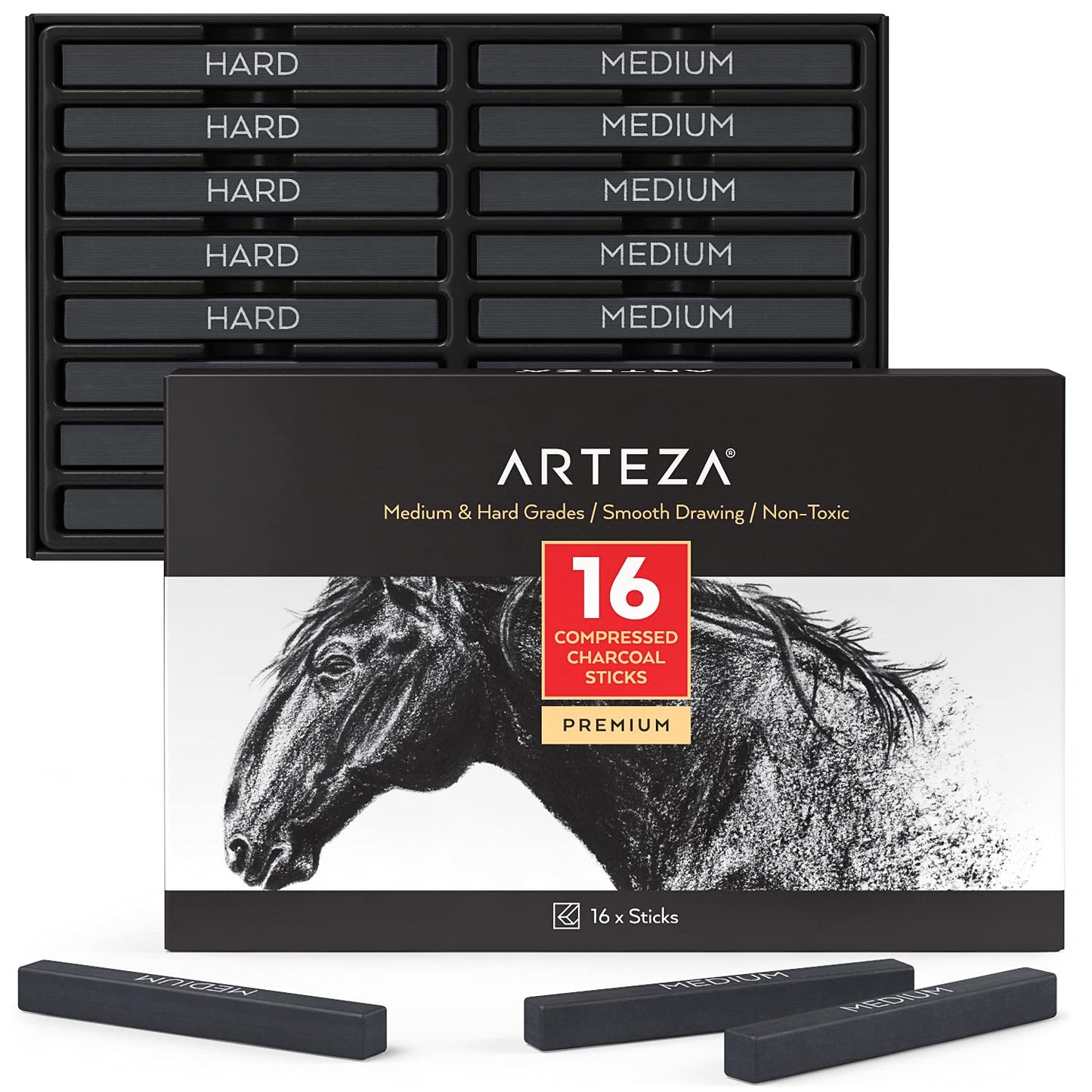 Arteza Compressed Charcoal, Medium & Hard Grade- Set of 16