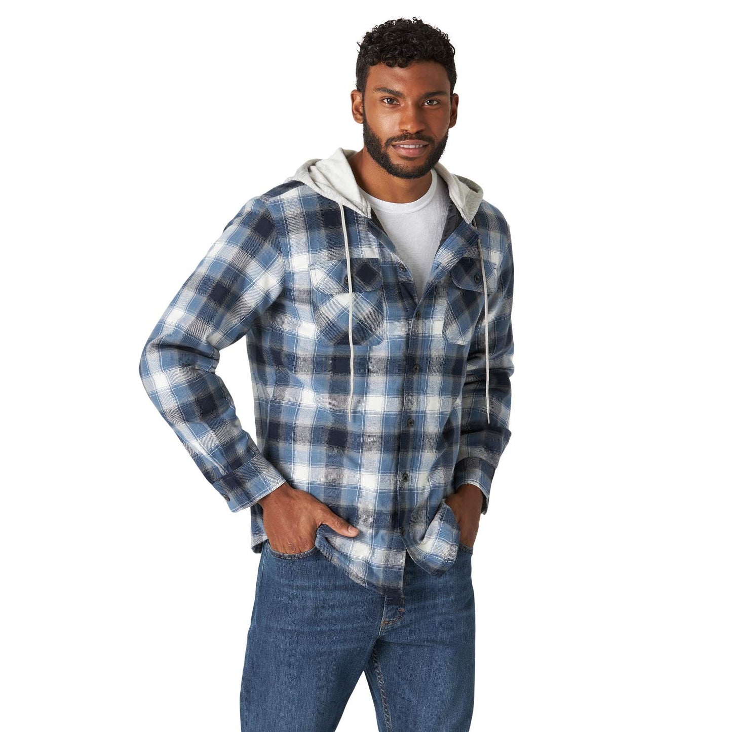 Wrangler Authentics Men's Long Sleeve Quilted Lined Flannel Shirt Jacket with Hood, Blue/Black, Small