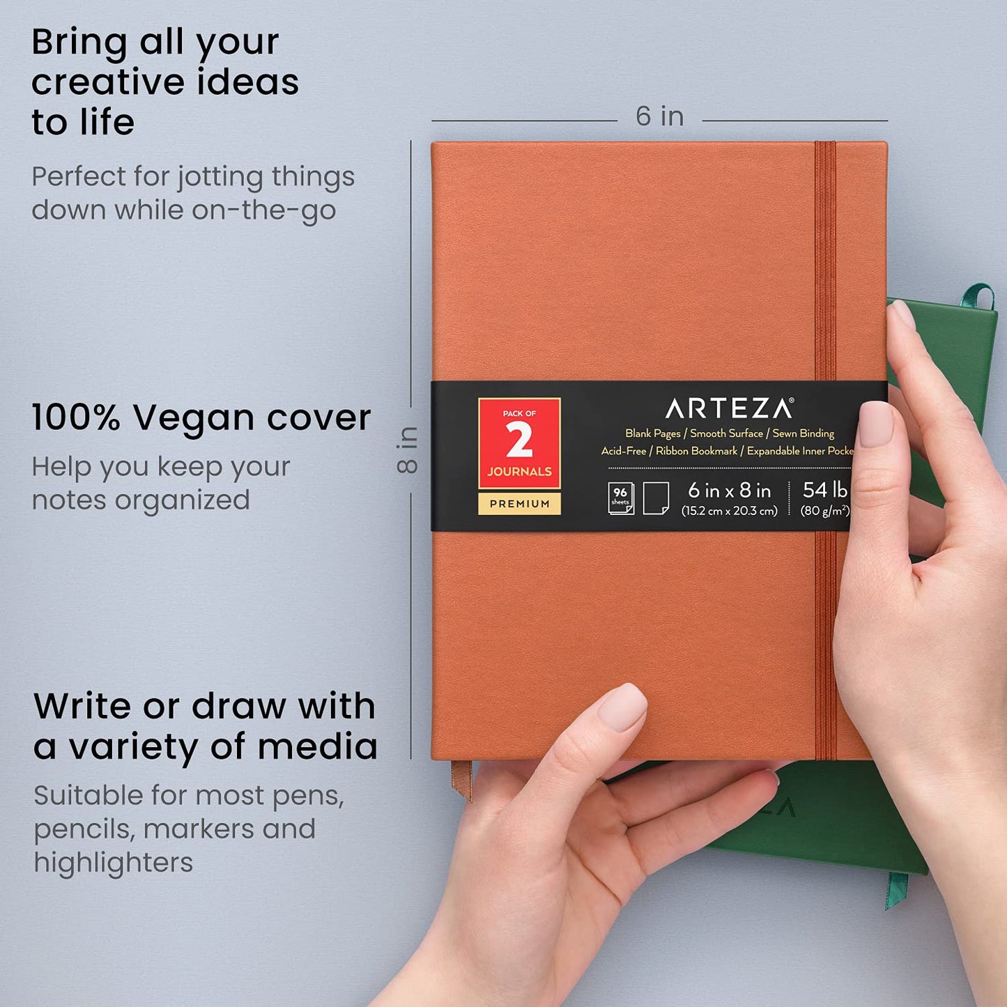 Arteza Journal Notebooks, Pack of 2, 6 x 8 inches, 96 Blank Sheets, Hunter Green and Saddle