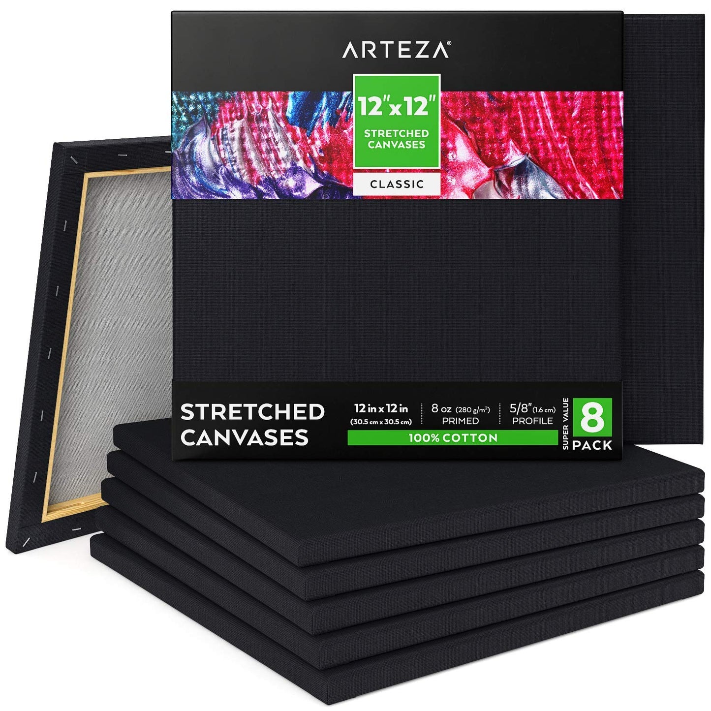 Arteza Classic Stretched Canvas, Black, 12" x 12" - Pack of 8