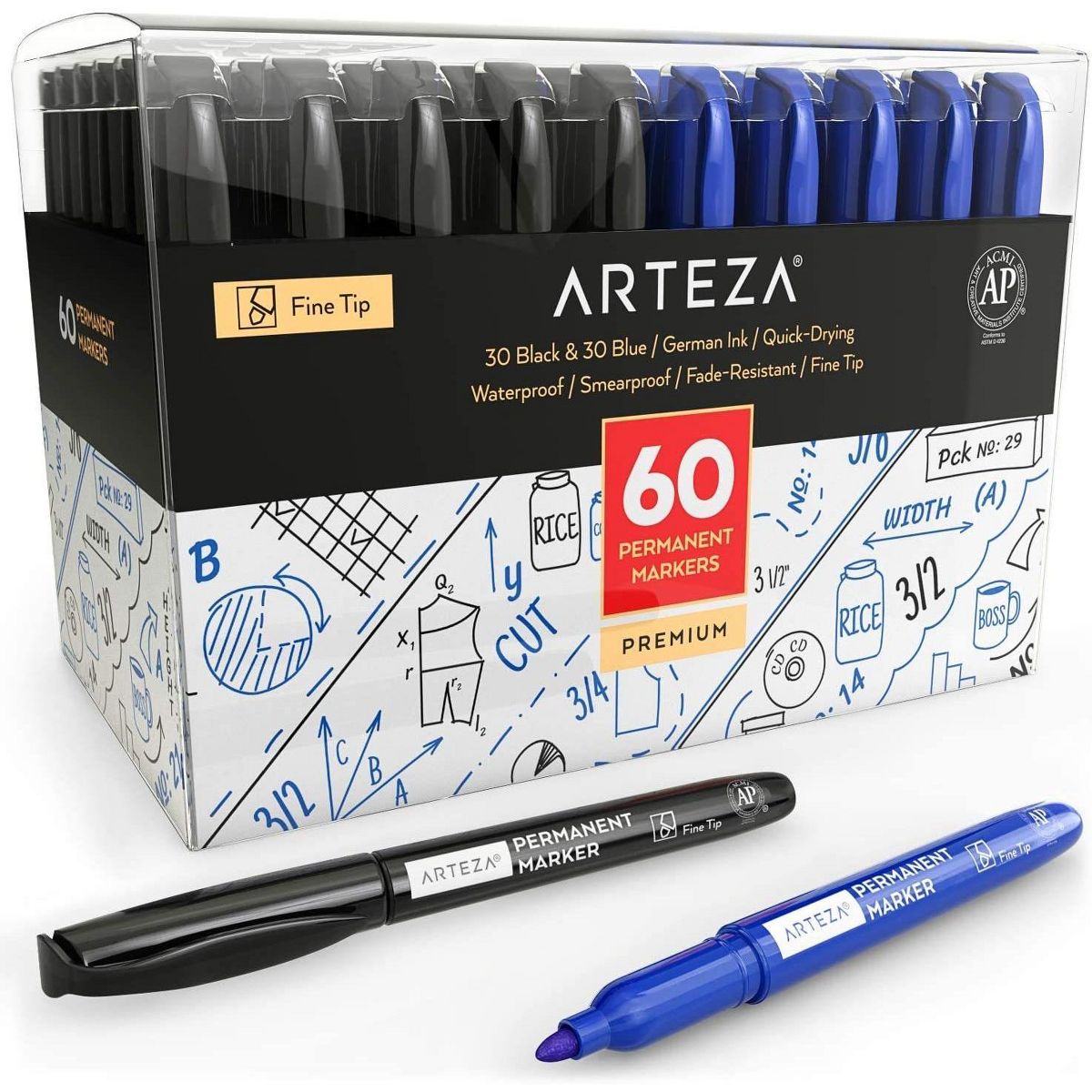 Arteza Permanent Marker, Black & Blue, Fine Tip - Pack of 60