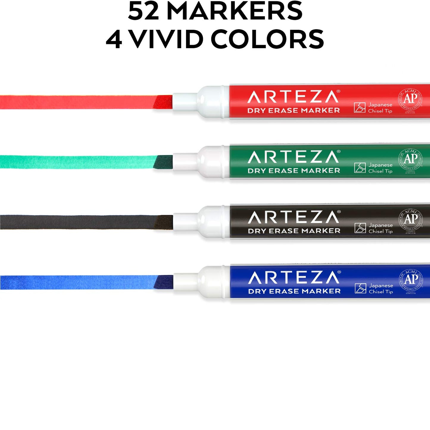 Arteza Dry Erase Markers, 4 Assorted Colors, Chisel Tip - Set of 52