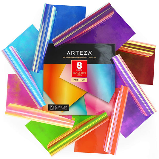 Arteza Holographic Self Adhesive Vinyl, Red & Pink Tones, 12" x 12" - Set of 8