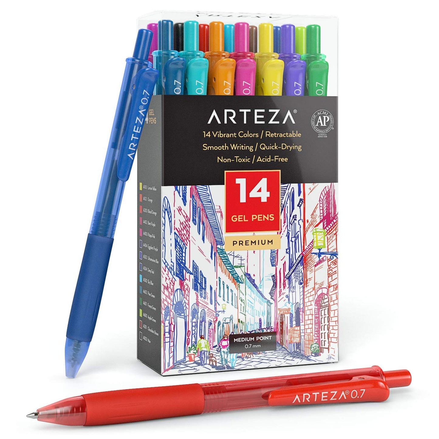 Arteza Retractable Gel Ink Pens, Bright Colors - Set of 14