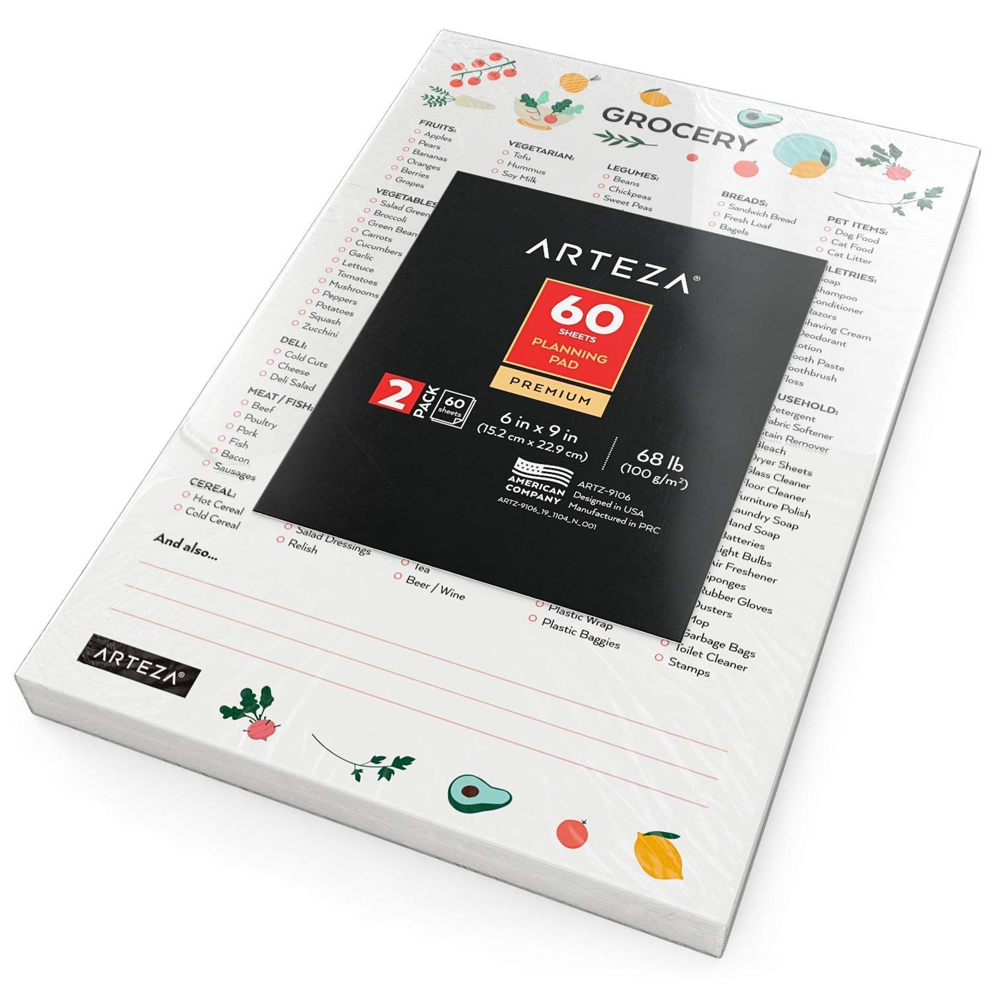 Arteza Meal Planning & Grocery List Magnetic Pads, 6x9 Inches, Pack of 2, 60 Pages Each