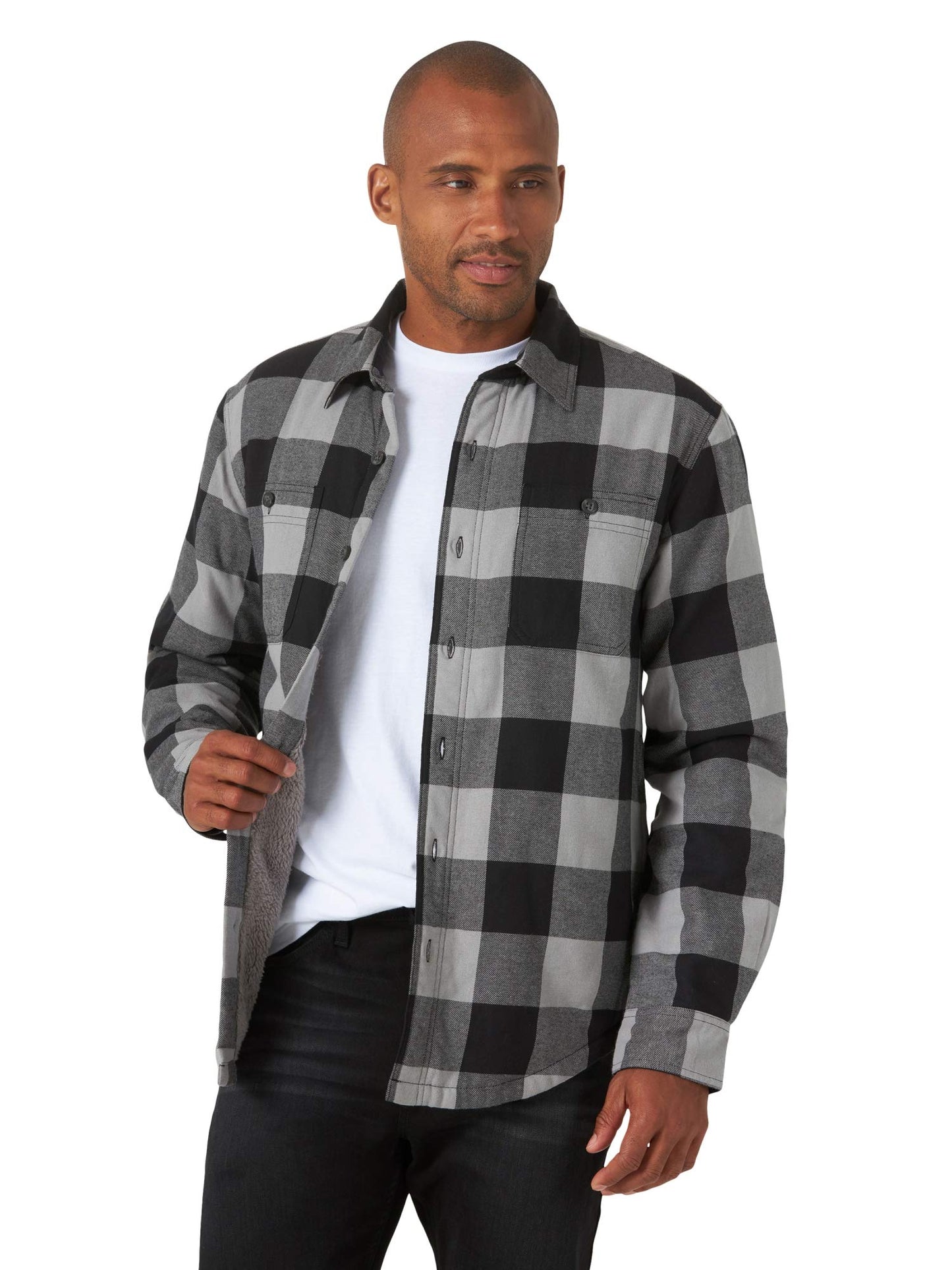 Wrangler Authentics Men's Long Sleeve Sherpa Lined Shirt Jacket, Grey Buffalo, Small