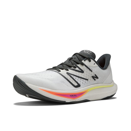New Balance Men's FuelCell Rebel V3 Running Shoe, White/Blacktop/Neon Dragonfly, 7.5 Wide