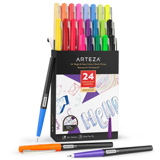 Arteza Permanent Markers, Bright & Neon, Ultra Fine Tip - Set of 24