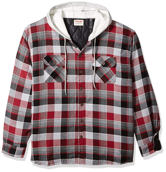 Wrangler Authentics Men's Long Sleeve Quilted Lined Flannel Shirt Jacket with Hood, Biking Red, Large