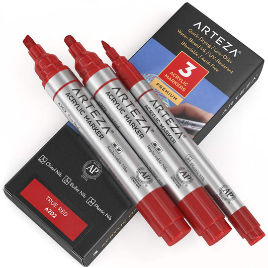 Arteza Acrylic Markers, TRUE Red A202 - 3 Pack