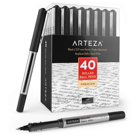 Arteza Roller Ball Pens, Black, 0.7mm Nib - Pack of 40