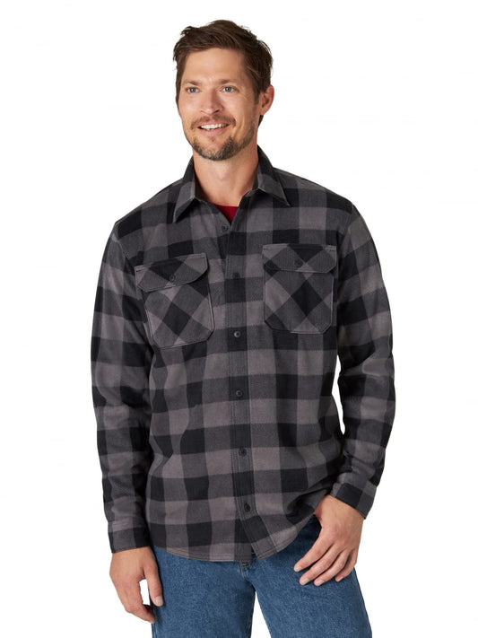 Wrangler Authentics Men's Long Sleeve Heavyweight Fleece Shirt, Gray Buffalo Plaid, Large