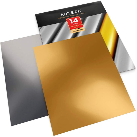 Arteza Heat Transfer Vinyl, Metallic Gold & Silver, 10" x 12" Sheets - Set of 14