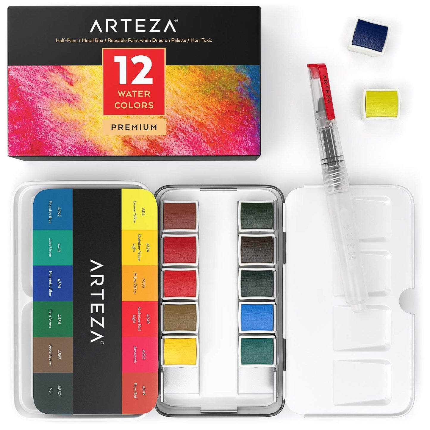 Arteza Watercolor Paint, Half-Pans - Set of 12