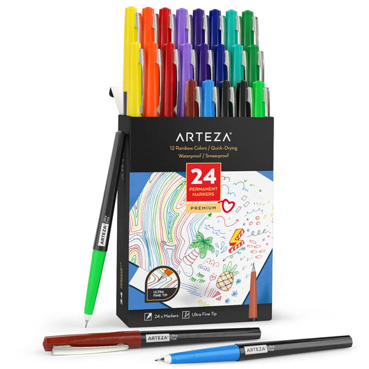 Arteza Permanent Markers, Rainbow, Ultra Fine Tip - Set of 24