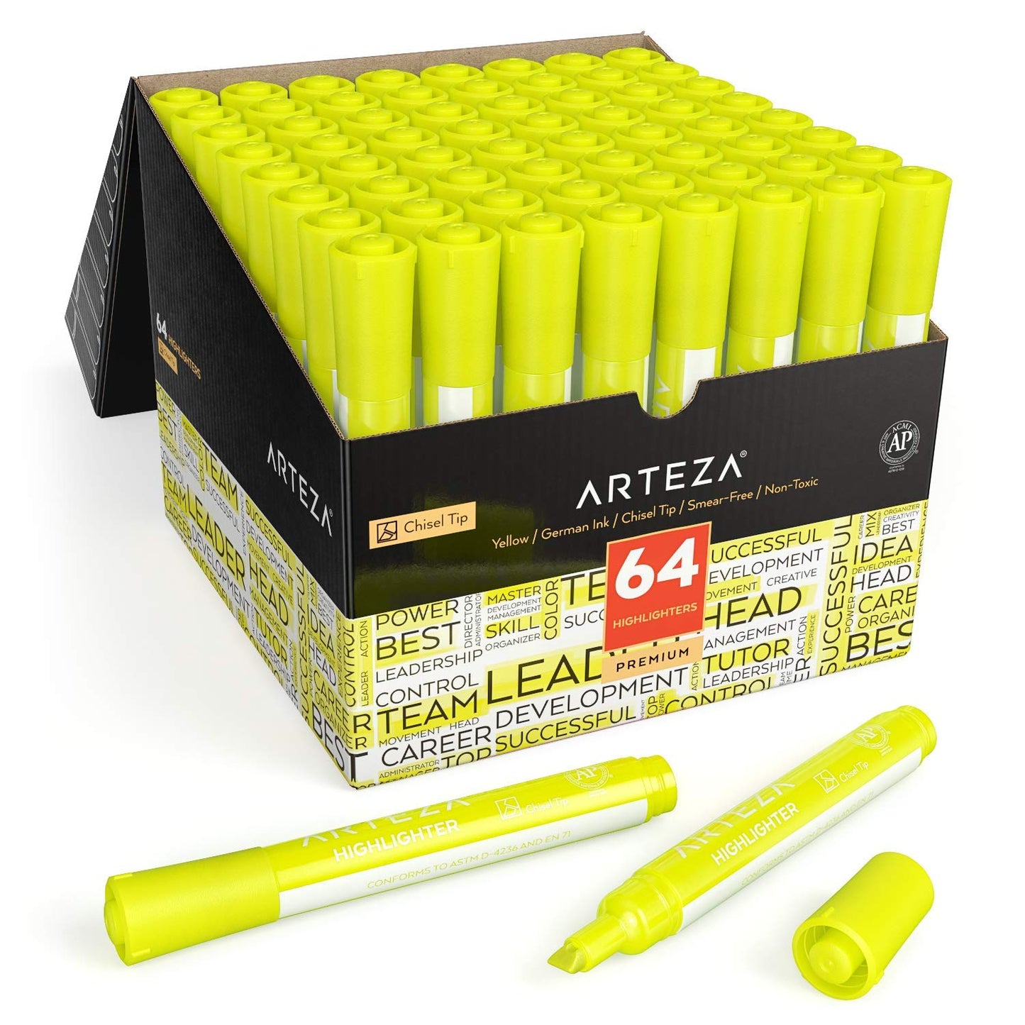 Arteza Highlighters, Yellow, Wide Chisel Tip - Set of 64