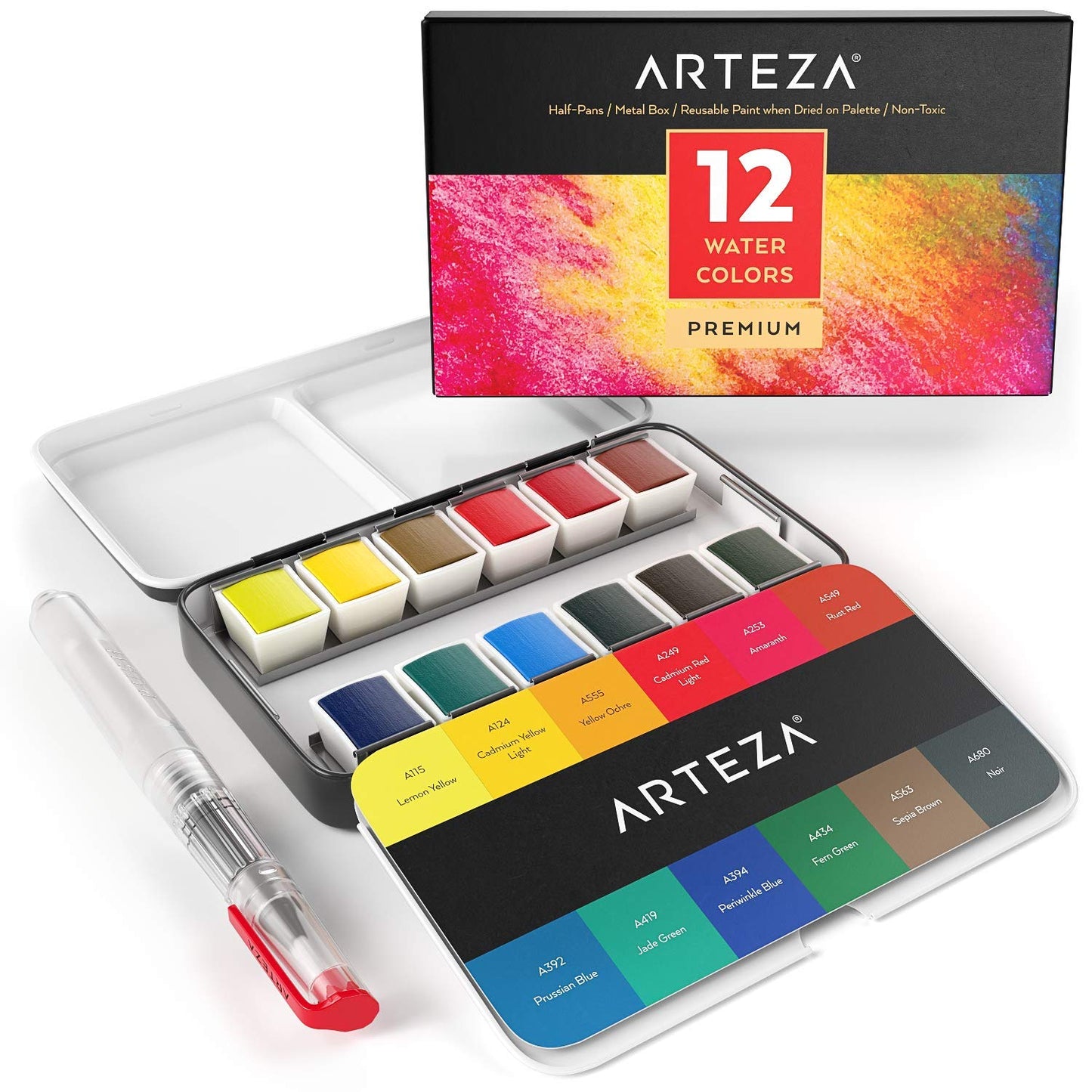 Arteza Watercolor Paint, Half-Pans - Set of 12