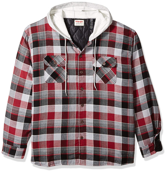 Wrangler Authentics Men's Long Sleeve Quilted Lined Flannel Shirt Jacket with Hood, Biking Red, X-Large