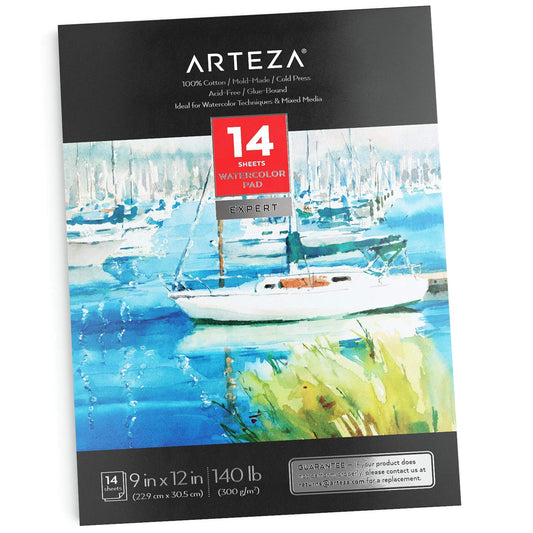 Arteza Expert Watercolor Pad, 100% Cotton, Cold-Pressed, 9" x 12", 14 Double-Sided Sheets