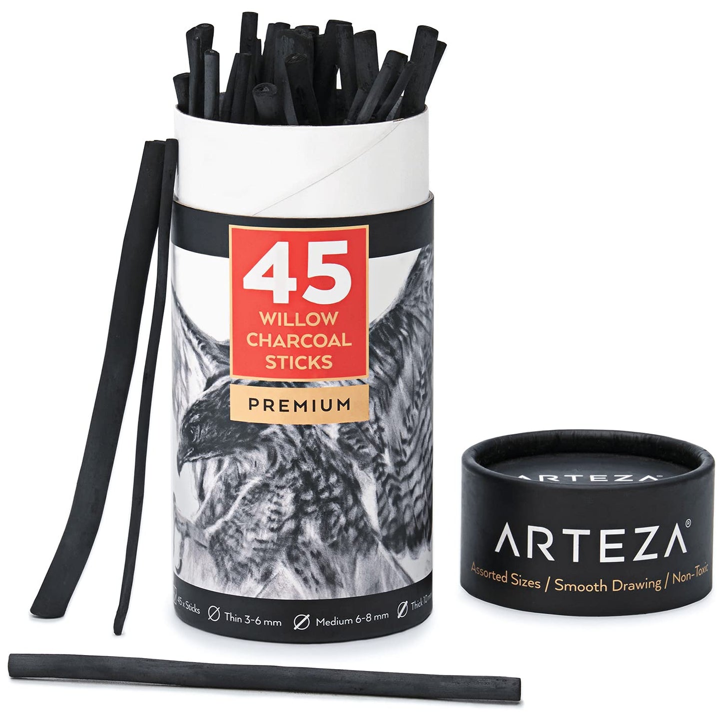 Arteza Willow Charcoal Sticks, Assorted Sizes - Set of 45