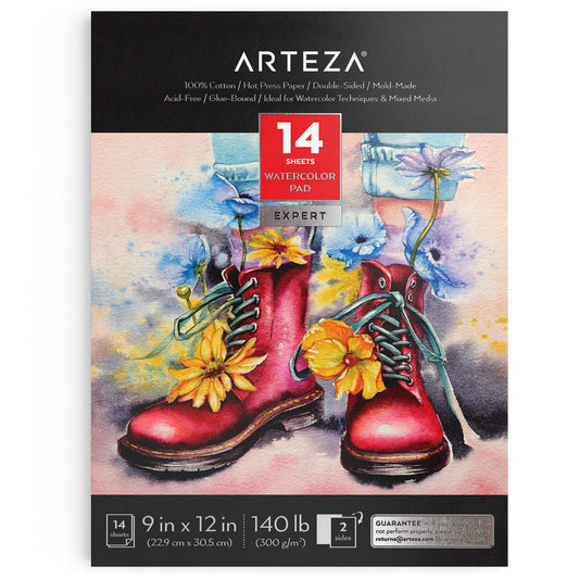 Arteza Expert Watercolor Pad, 100% Cotton, Hot-Pressed, 9" x 12” - 14 sheets