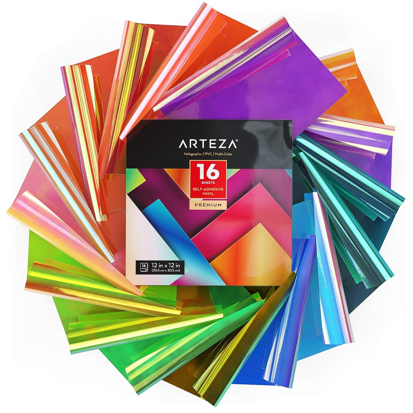 Arteza Holographic Self Adhesive Vinyl, Assorted Tones, 12" x 12" - Set of 16