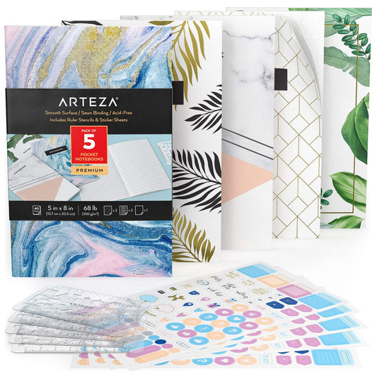 Arteza Pocket Notebooks, 40 Sheets, 5" x 8”- Set of 5