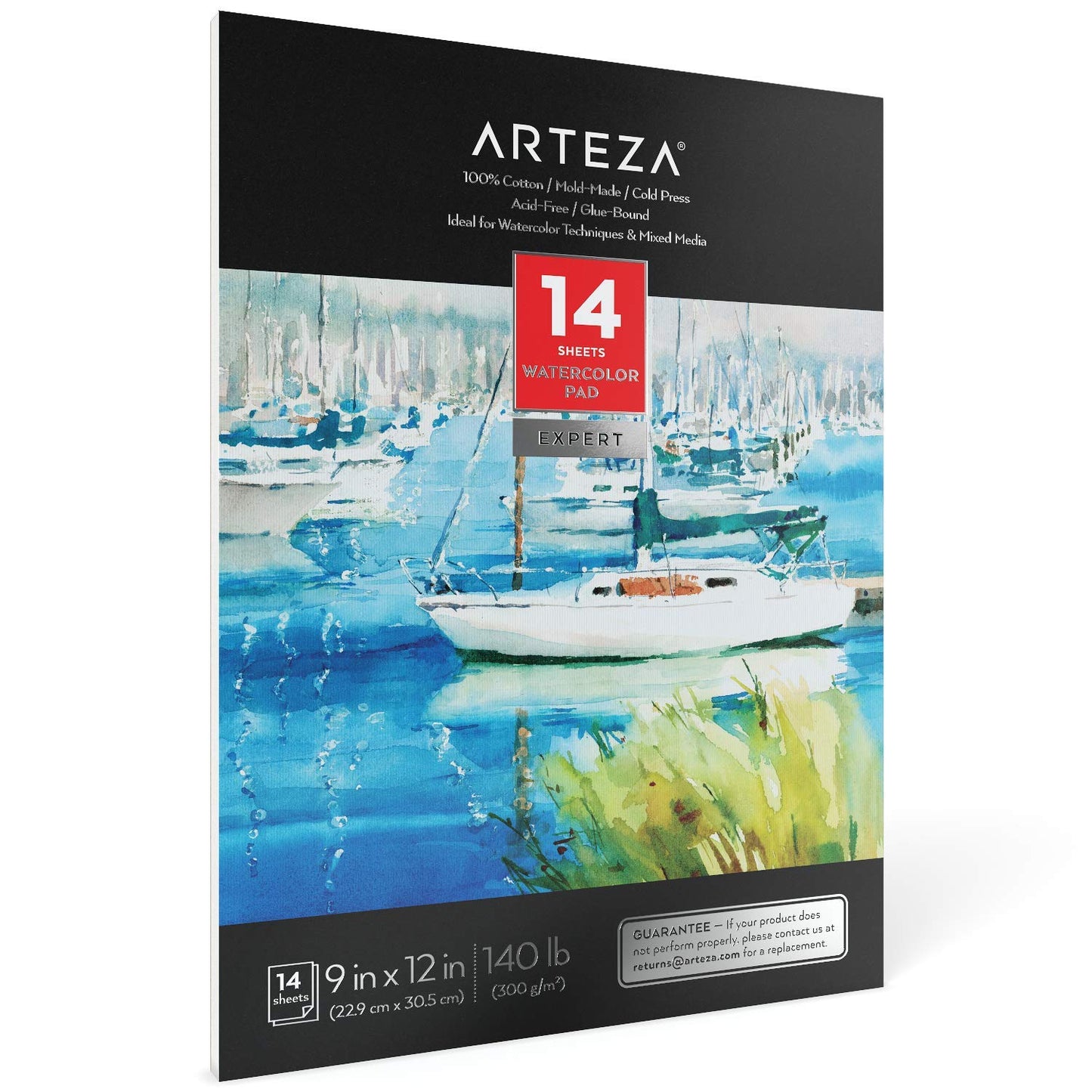 Arteza Expert Watercolor Pad, 100% Cotton, Cold-Pressed, 9" x 12", 14 Sheets