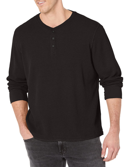 Wrangler Authentics Men's Long Sleeve Waffle Henley, Caviar, XX-Large