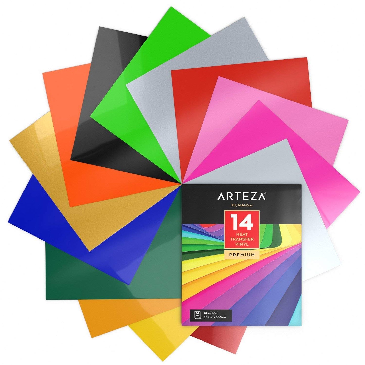 Arteza Heat Transfer Vinyl, Assorted Colors, 10" x 12” Sheets - Pack of 14
