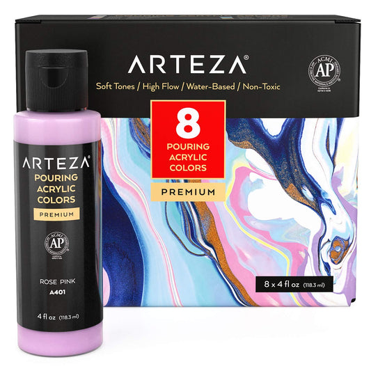 Arteza Pouring Acrylic Paint, Pastels, 4oz Bottles - Set of 8