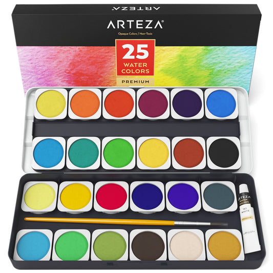 Arteza Watercolor Premium Artist Paint, Opaque Colors in Pans - Set of 25