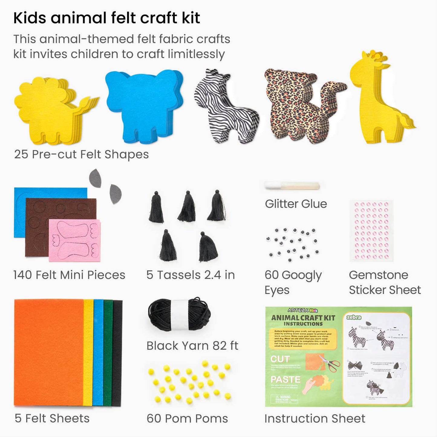 Arteza Kids Felt Craft Kit, Animals