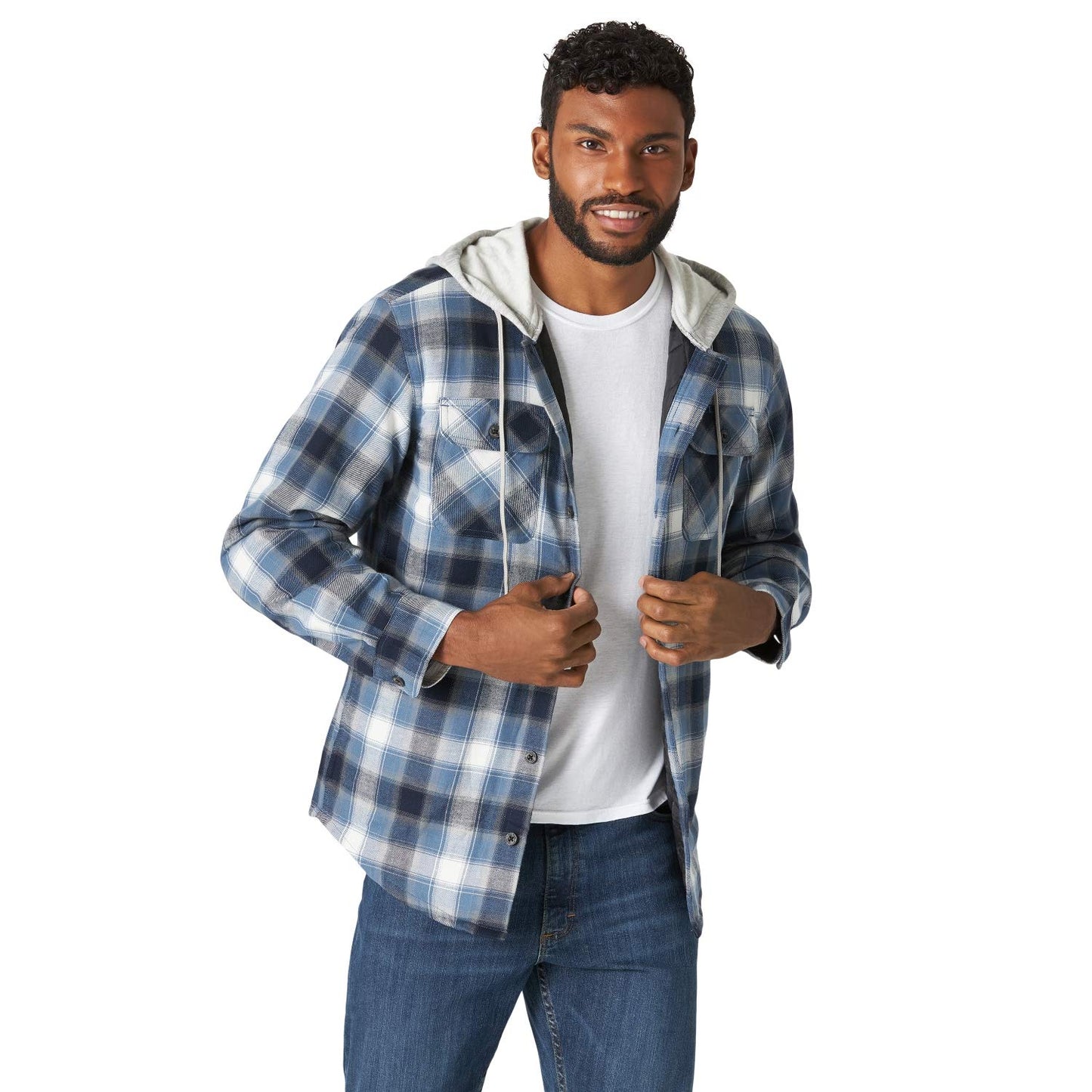 Wrangler Authentics Men's Long Sleeve Quilted Lined Flannel Shirt Jacket with Hood, Blue/Black, Medium