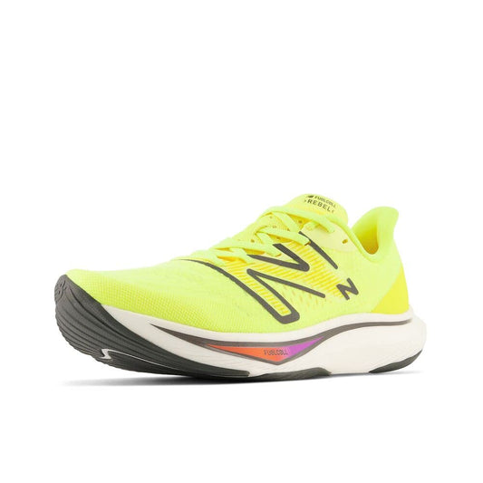 New Balance Men's FuelCell Rebel V3 Running Shoe, Cosmic Pineapple/Blacktop/Neon Dragonfly, 15