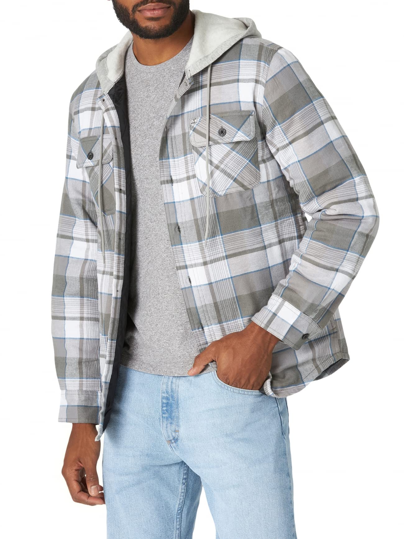 Wrangler Authentics Men's Long Sleeve Quilted Lined Flannel Shirt Jacket with Hood, Gray, 3X-Large